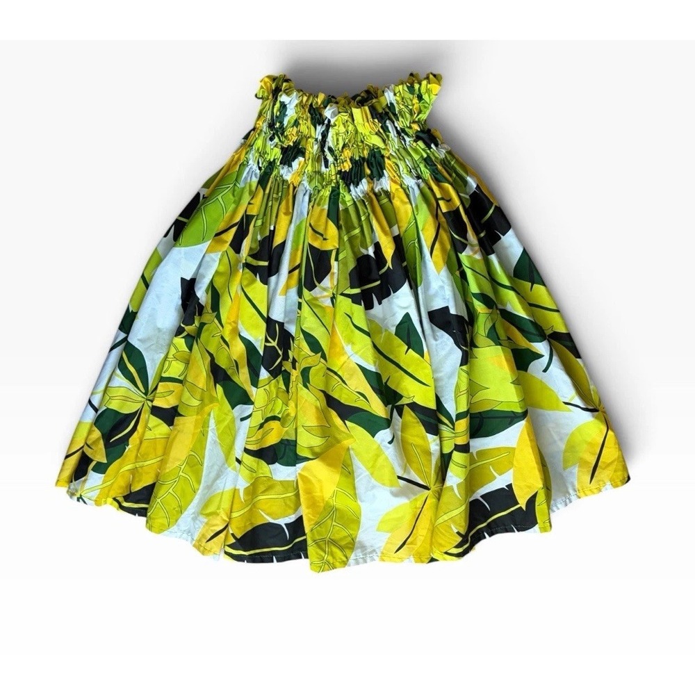 Green Yellow Floral Leaf HAWAIIAN PAU PA'U HULA SKIRT HAWAII 26-44" Adjust Midi